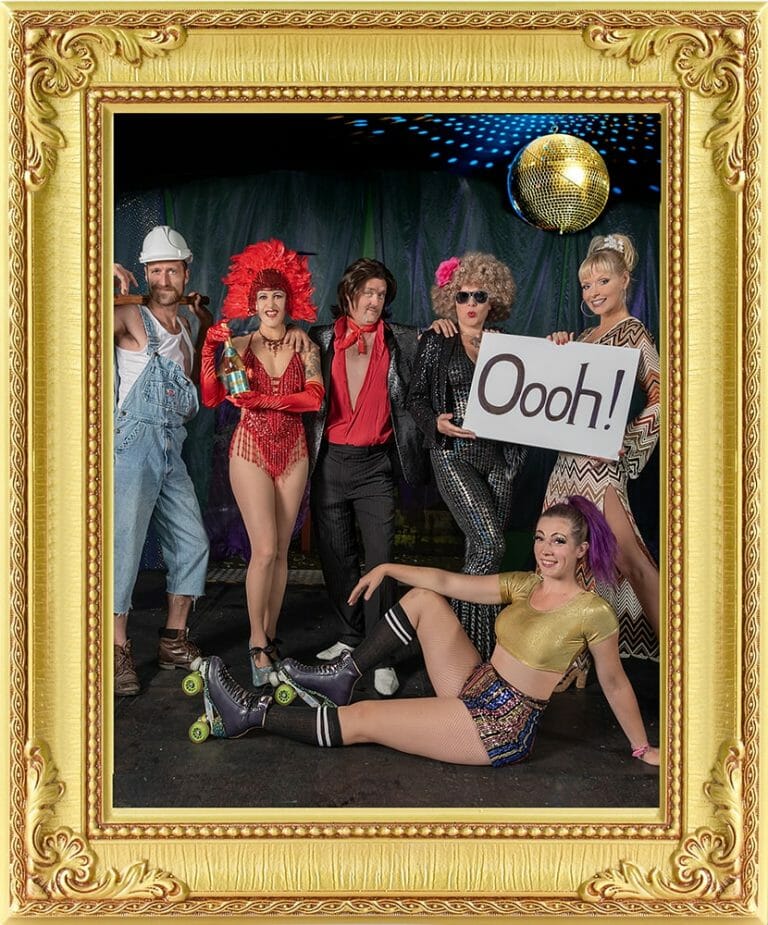 1970s theme show cast pose from our event management & entertainment agency in London and Brighton.