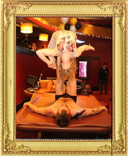 Stunning cabaret performers for hire in Brighton and London, acrobalance due perform on a roulette table at a casino themed event