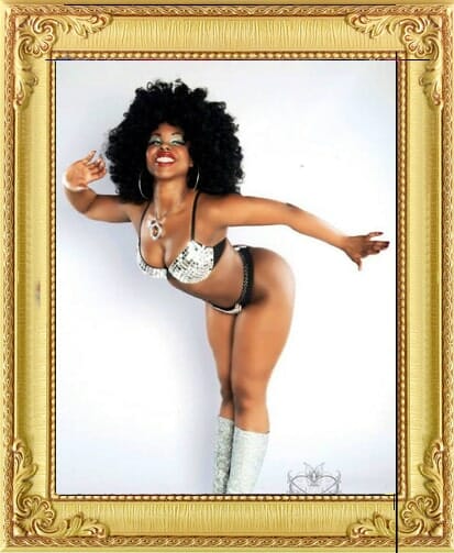 1970s Burlesque dancer London in sparkling bikini one of our cabaret dancers for hire London and Brighton