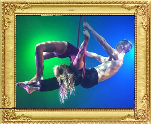 Circus acts for hire London and Brighton, male/female aerialists perform a hoop routine a circus act London