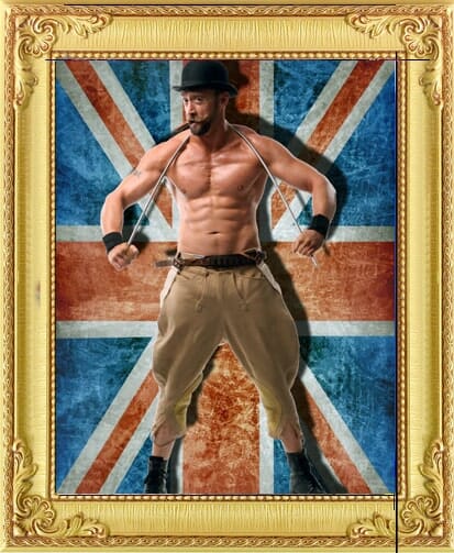 Hire vintage circus acts London and Brighton, a topless strongman bends a metal pole