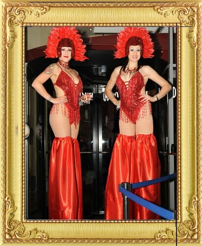 Show stopping corporate party entertainment in London and Brighton, 2 circus stilt-walkers for hire