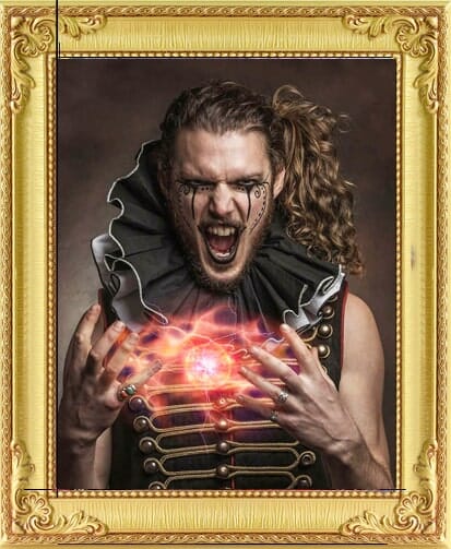 crazy magician for hire in London and Brighton in vintage circus costume holding ball of fire