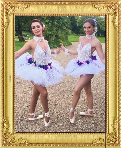 Ballet dancers with flower garlands as wedding party entertainers for hire in Brighton and London