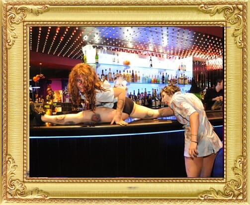 specially created bespoke unique entertainment zombie gymnast cabaret dancer does splits on the bar