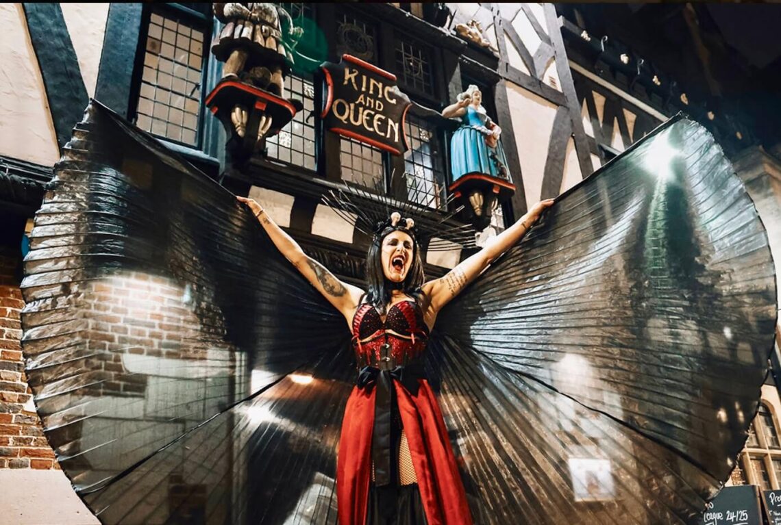 Vampire queen stilt walker performer at the best Halloween party in Brighton